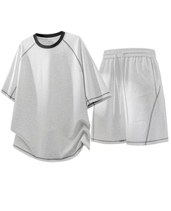 Men Solid Gray Cotton Crew Neck T-Shirt Set Breathable Knit Shorts Summer Casual Outfit 180g Plain Dyed - Product Image 3