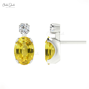 Nuevos Aretes de Zafiro Amarillo de 7x5mm con Engaste de Puntas y Diamantes en Oro Fino de 14k, Productos al por Mayor en Lotes - Product Image 2
