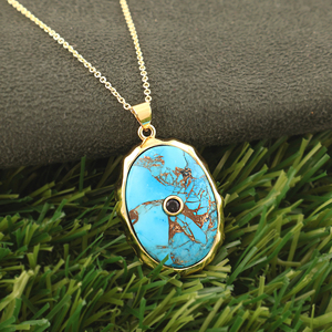 18k Gold Plated Minimalist Statement Brass Turquoise Oval Pendant Cz Stone Bezel Setting Bohemian Style Adjustable Fashion Model - Product Image 2
