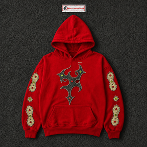 Sudadera con Capucha Gótica Roja Oversize con Diseño de Cruz Tachonada y Mangas Adornadas con Pedrería, Estilo Urbano Unisex, Ajuste Holgado - Product Image 5