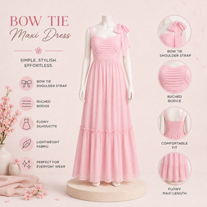 Robe longue élégante rose avec bretelles à nœud papillon pour femmes |   Robe longue d'été sans manches froncée coupe trapèze pour soirée, mariage ou invitée - Product Image 5