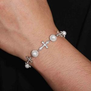 Hip Hop Custom Pearl Flower Cross Link <b>Solid</b> <b>Silver</b> <b>Bracelet</b> Cuban Men <b>Bracelet</b> Full Moissanite Iced Out Diamond <b>Bracelet</b> - Product Image 3