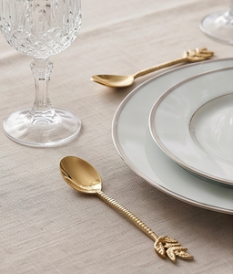<b>Golden</b> Leaf Design Serving Spoons <b>Set</b> Elegant Metal Flatware Wedding Tableware Durable Handcrafted Handle - Product Image 5