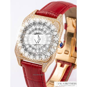 นาฬิกาข้อมือควอตซ์ทรงสี่เหลี่ยมสำหรับผู้หญิง ยี่ห้อ Cartier ตัวเรือนสแตนเลสสตีลผสมโลหะโบราณสีทองเหลือง สายหนังสีแดง กระจกแซฟไฟร์ - Product Image 2