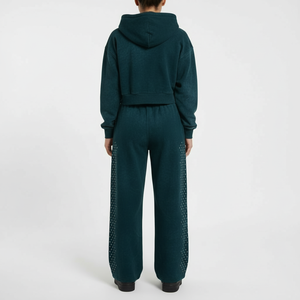 Ensemble sweat à capuche et pantalon de survêtement vintage effet vieilli – Design irrégulier avec fermeture éclair et strass thermocollés, coupe ample unisexe - Product Image 2