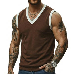 Men's Contrast Ribbed V Neck Muscle Fit Tank Top Stylish Casual Sleeveless Vest Wholesale Customizable Colors Tank Tops For Men - Product Image 1