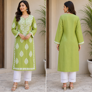 High Demand Lime Green Hand <b>Embroidered</b> Lucknowi Chikankari Straight Kurti - Elegant Cotton Ethnic <b>Tunic</b> - Product Image 4
