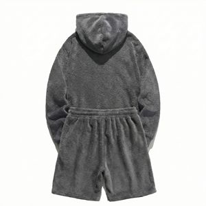 Ensemble sweat à capuche et short gris pour homme en molleton ultra-doux, tissu pelucheux, cordon de serrage réglable, coupe décontractée, chaud et confortable, style loungewear - Product Image 6