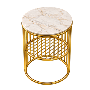 Mesa Auxiliar de Dos Niveles con Cubierta de Mármol Blanco Premium y Marco de Hierro Dorado, Mesa de Noche Compacta para Bebidas, Ideal para el Dormitorio Principal - Product Image 1