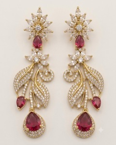 Pendientes largos con dijes de flor y hoja, piedras AD y piedras brillantes con corte de pera, chapados en oro antiguo, colección de pendientes para fiesta. - Product Image 1