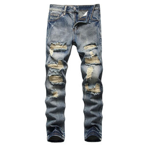 Jean déchiré pour homme, coupe droite, style vintage, en mélange de coton doux, décontracté, pour le quotidien et le streetwear - Product Image 1