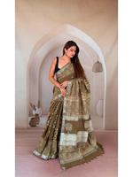 Saree Linen Cetak Tangan Murni dengan Blus Senada, Pewarna Alami, Buatan Tangan, Pakaian Etnis India, Cetak Bebas Bahan Kimia, Cepat