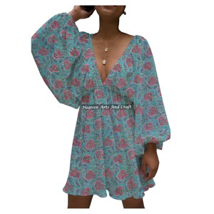 Nuevo Vestido Sexy con Escote Profundo en V y Mangas Farol para Mujer, Vestido de Algodón Estampado para Fiesta, Vestido Casual de Playa con Escote Profundo en V y Mangas Farol, Estampado de Verano - Product Image 3