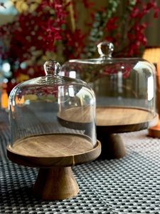 Modern Round Wood Cake Stand with Glass Dome Handmade Pedestal Dessert Display <b>for</b> <b>Table</b> Use <b>for</b> birthday party - Product Image 3
