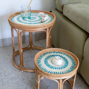 Wholesale Modern Rattan Handmade Lightweight Decorative Coffee <b>Table</b> Mother Pearl Boho Nesting <b>Table</b> Living Room Furniture Home - Product Image 3