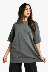 T-shirt Oversize Femme Col Rond Manches Courtes Épaules Tombantes Coupe Ample Imprimé Gris 100% Coton Jersey Respirant Été Logo - Product Image 2