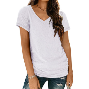 OEM/ODM Camiseta de punto de manga corta para mujer, de verano, moderna, con cuello en V, lisa, con estampado por transferencia térmica y bordado, anti-bolitas - Product Image 4