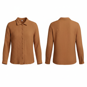 Chemise à manches longues boutonnée 100 % haute qualité, chemisier texturé décontracté, haut léger et doux pour le bureau, polos - Product Image 5