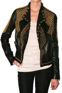 Custom Gold Studded Steampunk Leather <b>Jacket</b> for Women, Genuine Leather Fashion <b>Biker</b> <b>Jacket</b> - Product Image 4