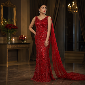 Luxury Red <b>Sequin</b> Mermaid Evening Gown Women Designer Formal Party Dress Elegant Wedding Reception Prom Maxi Natural Embroidery - Product Image 2