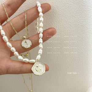 Vintage French Elegant Pearl <b>Necklace</b> for Women Rose Gold <b>Coin</b> <b>Pendant</b> with Freshwater Genuine Pearl White Enamel Sweater Chain - Product Image 1
