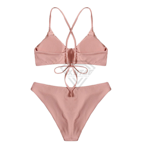Wholesale High-Rise Women's Ribbed Bikini Set <b>Crossed</b> Halter <b>Top</b> Thong Bottom Solid Color Swimwear Stretch Fabric Beachwear - Product Image 3