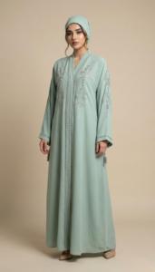 Purple Embroidered Dubai <b>Abaya</b> With Long Sleeves Floor Length Modest Dress For Women Round Neck Cotton Loose Fit Daily Wear - Product Image 2