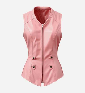 Women Pink Genuine Leather Stand Collar V Neck Zipper Closure Lightweight Casual Outerwear Sleeveless Solid Color Waistcoat - Product Image 5
