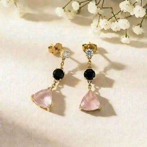<b>Rose</b> Quartz & <b>Black</b> Obsidian Drop Earrings Trillion Cut <b>Rose</b> Quartz Round Faceted <b>Black</b> Obsidian Studs With CZ Accent Handmade - Product Image 2