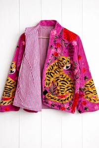 Bata de mujer con cuello en V, 100% algodón, reversible, con bordado floral azul, tipo kimono largo, con cinturón, para estar en casa, hecha a mano - Product Image 3