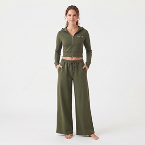 Ensemble de survêtement deux pièces personnalisé vert pour femme : sweat-shirt court zippé et pantalon de survêtement large empilé – Tenue décontractée - Product Image 3