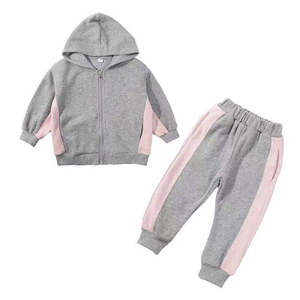 Conjunto de Sudadera con Capucha y Pantalones de Chándal para Bebés Niñas, con Bloques de Color Gris y Rosa, Manga Larga, Cremallera, Casual, de Poliéster, con Logotipo Personalizado - Product Image 1