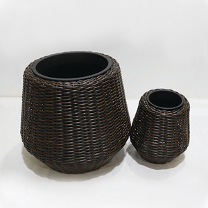 Modern Rattan Flower Pot Set Indoor <b>Planters</b> for Home Decor Minimalist Style Circular Design Black Finish - Product Image 6