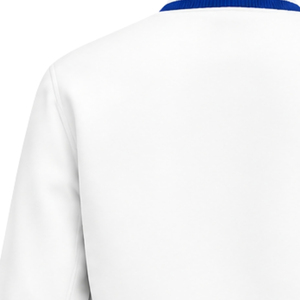 Custom <b>White</b> and Royal Blue Varsity Jacket with Striped Ribbed Collar Cuffs Hem Greek Letter Embroidery and Crest Logo Collegiat - Product Image 4