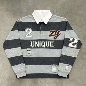Chemise de rugby vintage américaine personnalisable, effet vieilli, avec patchs, col montant, coupe oversize, manches longues, 100 % coton, écologique - Product Image 2