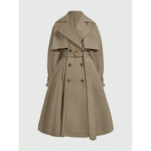 Manteau long élégant noir pour femme, double boutonnage, col à revers, avec ceinture, imperméable, en polyester tissé léger, pour l'automne - Product Image 3