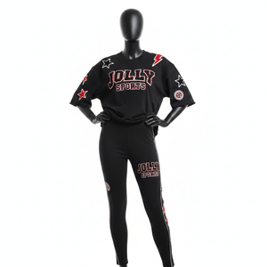 เสื้อยืดผ้าฝ้ายหนา 230 GSM สำหรับผู้หญิง และกางเกงเลกกิ้งสีดำ แดง ขาว ปักลายปะ พร้อมปักโลโก้ตามสั่ง ชุดเซ็ตสำหรับผู้หญิง - Product Image 1