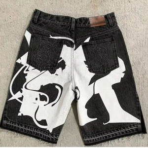 Custom Screen Print Applique Embroidery Raw Hem Baggy Jorts Streetwear Distressed <b>Black</b> Washed Denim <b>Jeans</b> <b>Shorts</b> for Men - Product Image 1