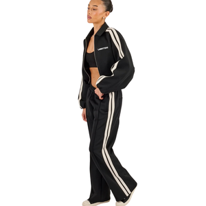 Womens Cropped Full Zip Turn Down Collar Tracksuit Top & Wide Leg Striped <b>Trousers</b> Elastic Waist Two Piece Athleisure Outfit Set - Product Image 4