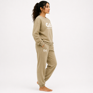 <b>Womens</b> <b>Beige</b> Oversized Cotton Blend Hooded Sweatshirt <b>Jogger</b> Set Custom Logo Casual Sportswear Lounge Wear Tracksuit - Product Image 4