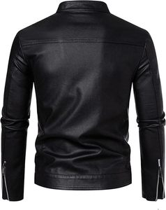 เสื้อแจ็คเก็ตหนัง PU สำหรับผู้ชาย คอตั้ง ปิดด้วยซิป สีดำล้วน ทรงเข้ารูป ความยาวปกติ เหมาะสำหรับใส่ในฤดูใบไม้ร่วง - Product Image 4