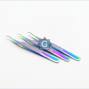 Pinces à cils multicolores courbées à pointe fine, durables, pour extensions de cils et isolation des cils, avec étui en cuir en option - Product Image 1