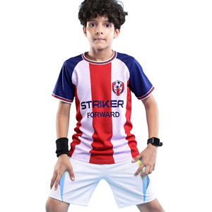 Conjunto de Camiseta y Pantalones Cortos de Fútbol para Niños, Rayas Rojas, Blancas y Azules, Uniforme de Fútbol Sublimado, Ropa Deportiva Personalizada para Equipos Juveniles - Product Image 1