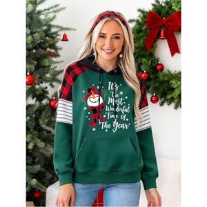 Pull à Capuche Femme Personnalisé Motif Bonhomme de Neige Festif Colorblock Hiver Vente en Gros Manches Raglan à Carreaux Buffalo Vêtement de Fête - Product Image 2