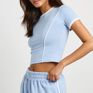 Ensemble 2 pièces bleu clair pour femme : Crop top à manches courtes et pantalon large décontracté, coupe ample, idéal printemps-été, tenue de sport pour femme - Product Image 3