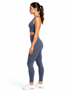2-Piece Yoga Set Racerback Crew Neck Crop Top High-Waist Full-Length <b>Leggings</b> Contrast-<b>Stitch</b> Seamless Eco-Friendly Breathable - Product Image 2