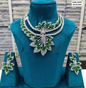 Elegant All-White Leaf Bouquet AD Accented <b>Statement</b> <b>Necklace</b> Set with Earrings Set For Women - Product Image 2