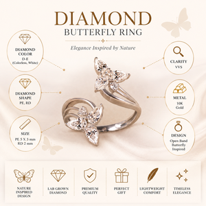 Anillo de Mariposa con Diamante Cultivado en Laboratorio, Corte Pera, en Oro de 18K |   Banda Abierta Inspirada en la Naturaleza |   Joyería de Lujo para Mujer por Aniversario - Product Image 6