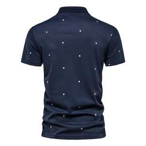 Navy Blue Short Sleeve <b>Polo</b> Shirt With <b>White</b> Geometric Pattern Slim Fit Casual Knitted T-Shirt - Product Image 2