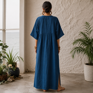 Women Oversized Cotton Linen Maxi <b>Kaftan</b> Dress V Neck Loose Fit Solid Boho Casual Beach Resort Lounge <b>Summer</b> Long Tunic Dress - Product Image 3